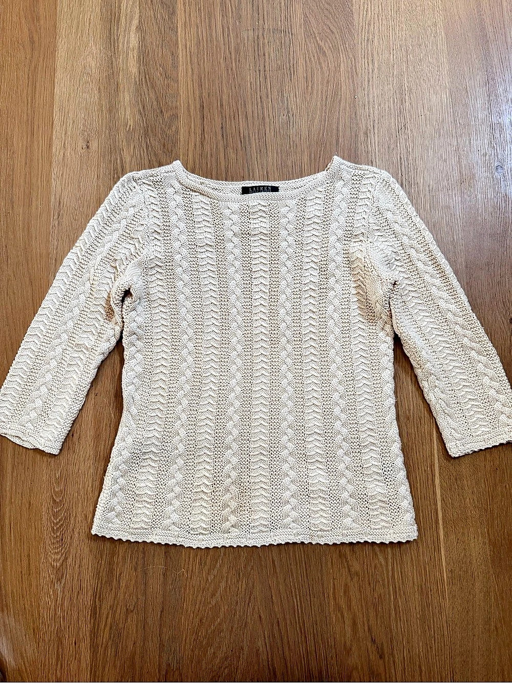 Lauren Ralph Lauren Petite Cotton Cable Knit Sweater Ivory Cream Vintage Preppy